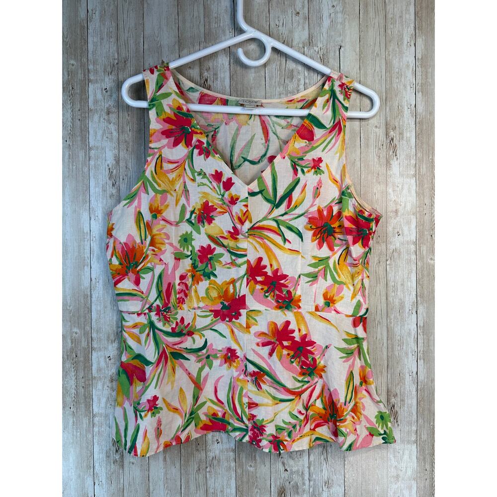 J Crew Linen Blend Tank Top Blouse 10 Orange Multicolor Floral Tropical‎ Peplum